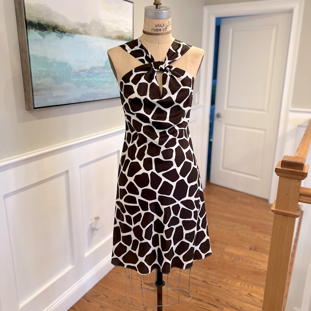 Banana Republic, silk giraffe print dress, size 2 in brown and white.